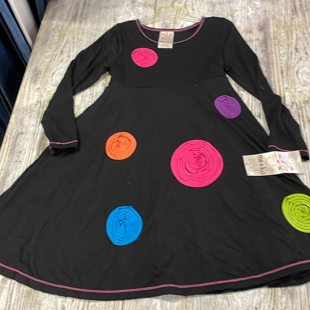 NWT Me & Ko black dress w/ colorful fabric swirls, 16